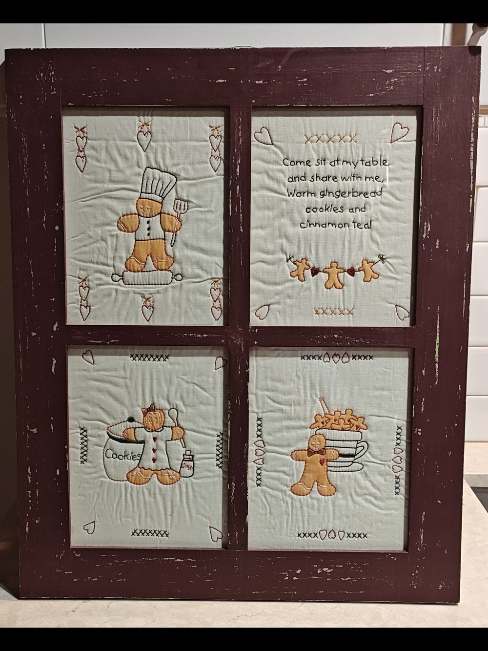 Cottage Core Vintage Framed Gingerbread-Themed Embroidered Panels